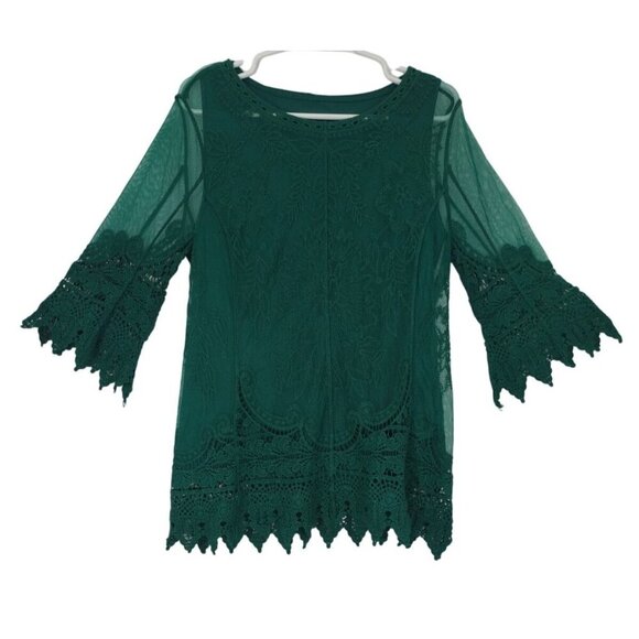 Green Lace Bell Sleeve Tunic Top Embroidered Sheer Overlay By Ultra Pink Womens - Picture 1 of 8